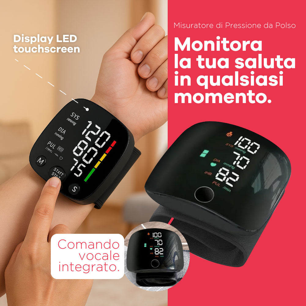 Misuratore di Pressione da Polso con Schermo LED e Voce in Italiano