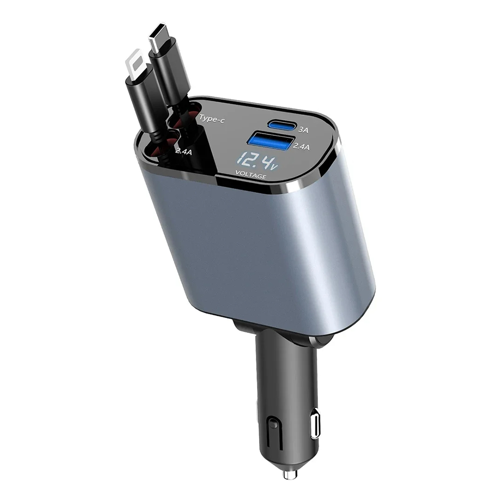 Caricatore Auto Retrattile 4 in 1 con Cavi Integrati Type-C e Lightning