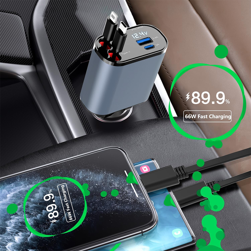 Caricatore Auto Retrattile 4 in 1 con Cavi Integrati Type-C e Lightning