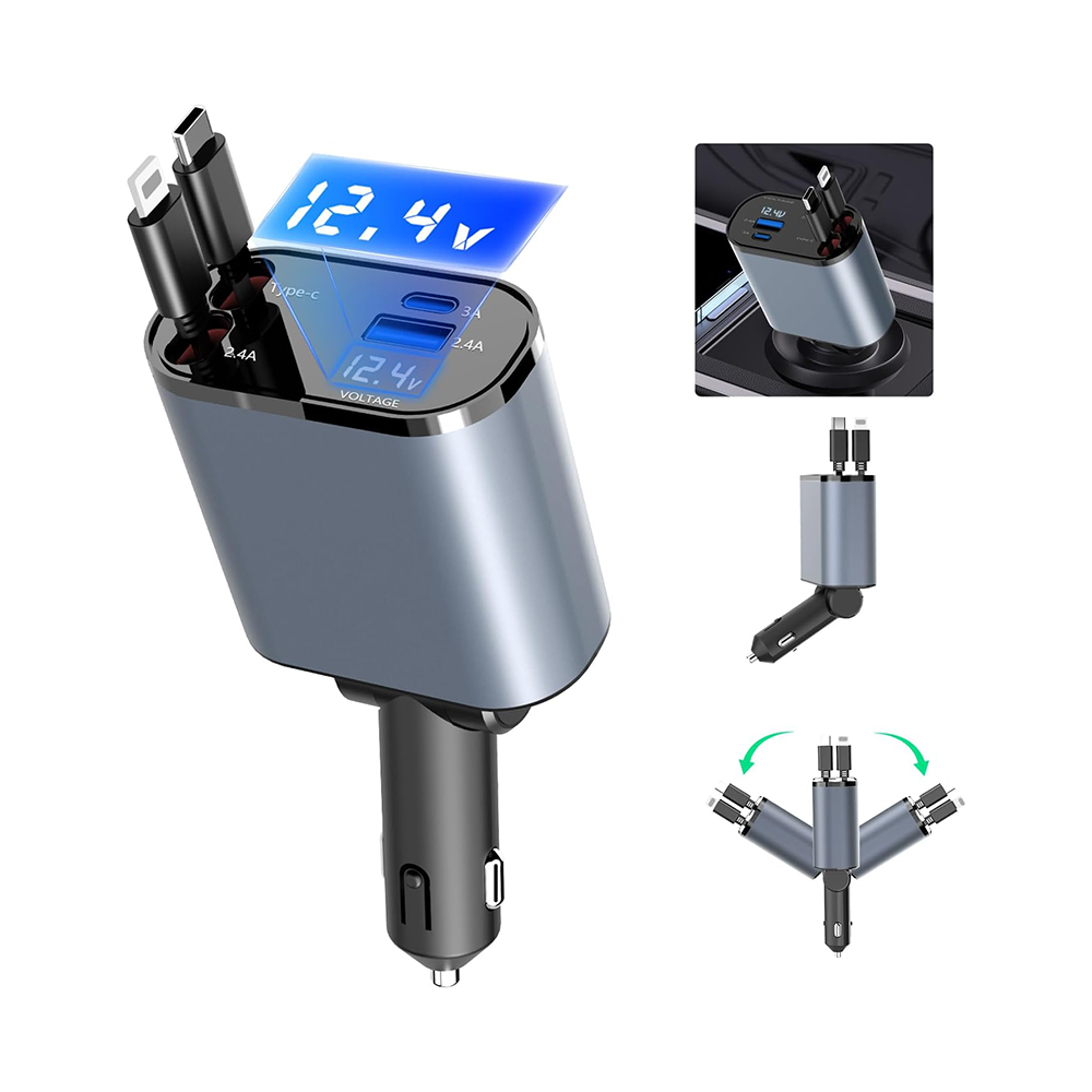 Caricatore Auto Retrattile 4 in 1 con Cavi Integrati Type-C e Lightning